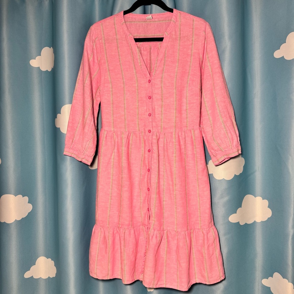 Old Navy Pink Striped Linen Blend Button Front Midi Peasant Dress M summer dress - Picture 2 of 9